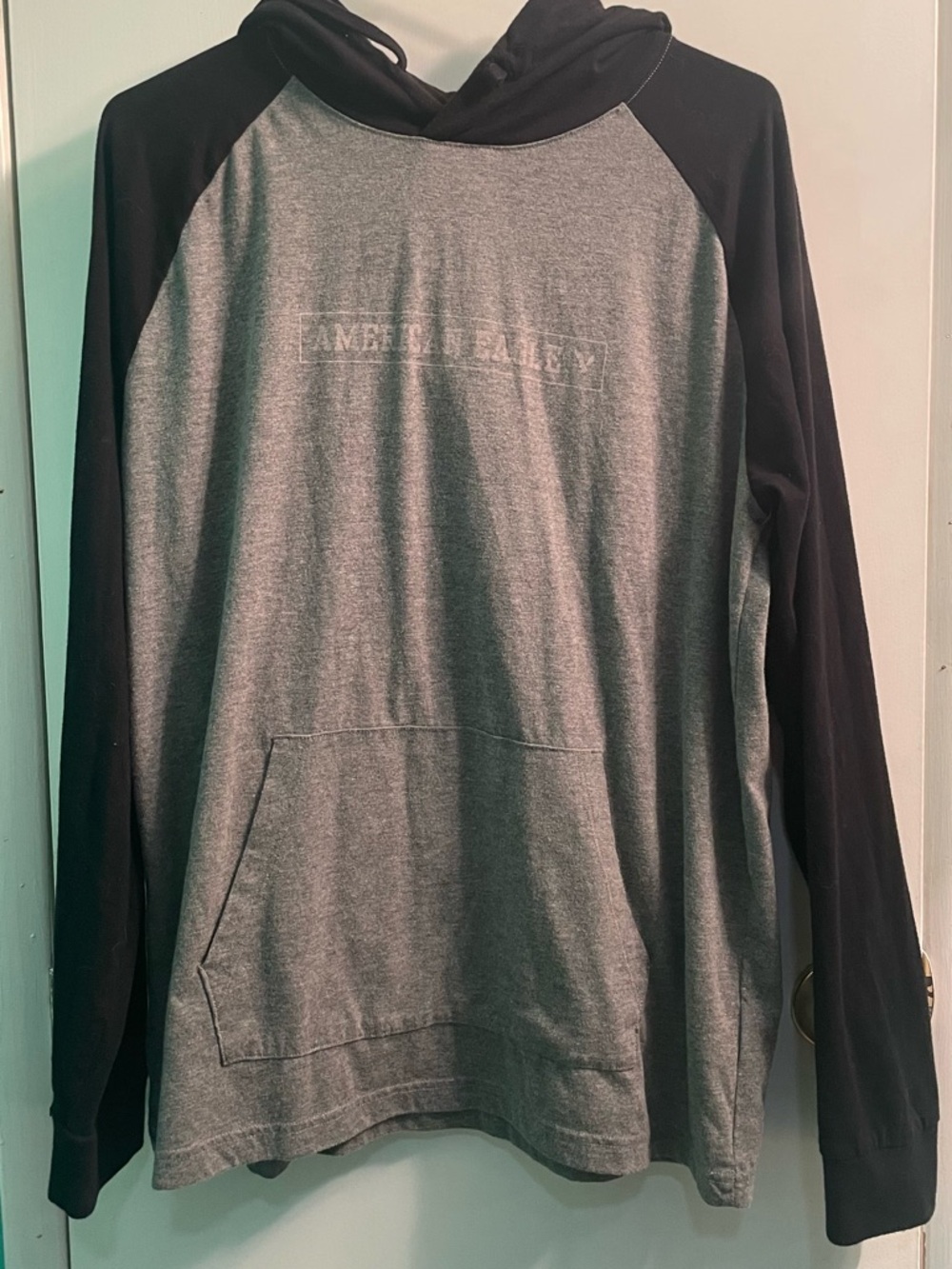 American Eagle Gray & Black Raglan Hoodie Shirt